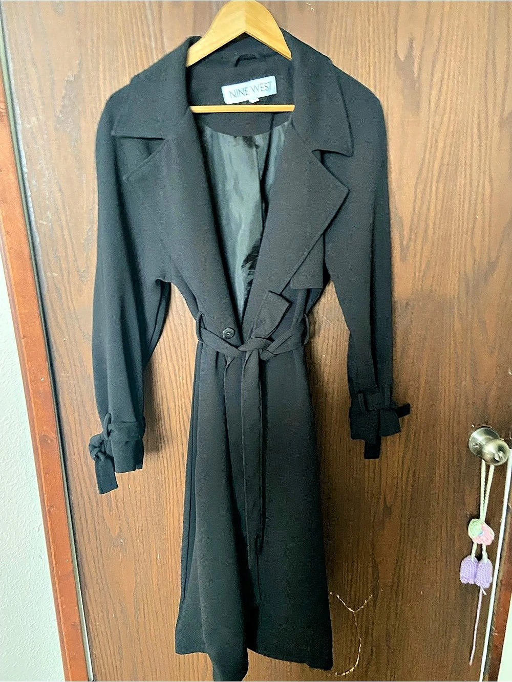 Nine West Black Crepe Trench Coat Size Medium